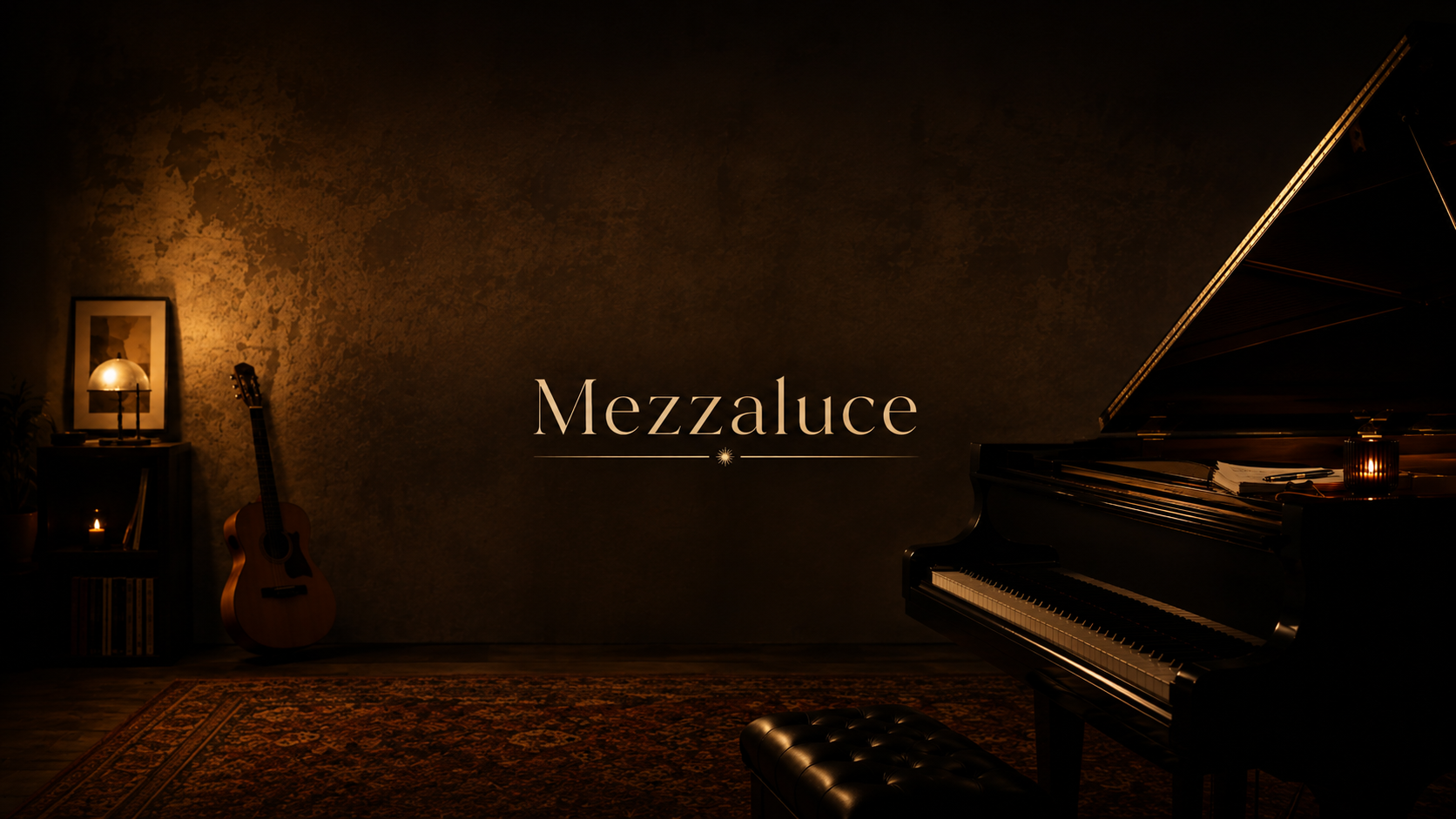 Atmosfera Mezzaluce con pianoforte a coda, chitarra acustica e luce ambrata